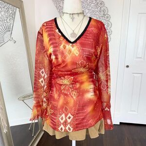 Orange Red Shimmery Whimsical Y2K Flowy Boho Split Sleeve Blouse Top 1X / 2X